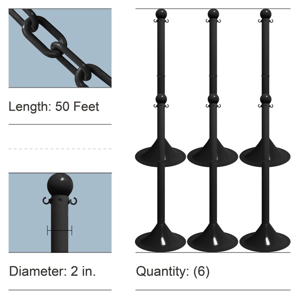 Black Light Duty Stowable Stanchion Kit and Chain, 6PK
